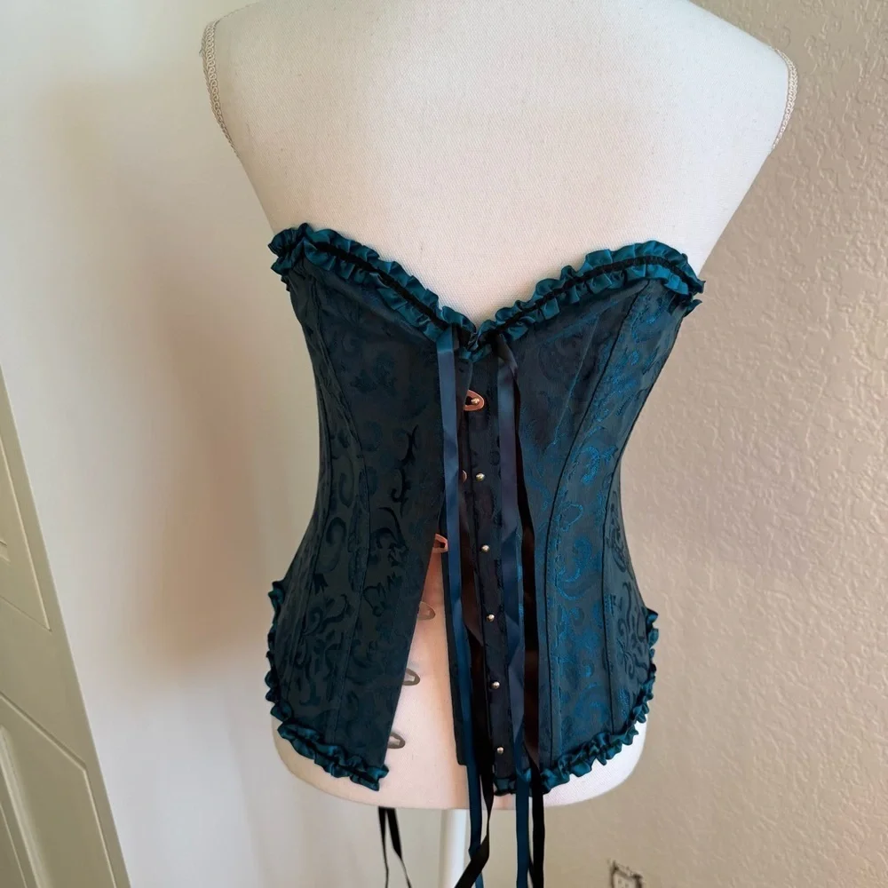 Teal Brocade Corset Top with Black Ribbon Velvety Size L  Whimsigoth Victorian